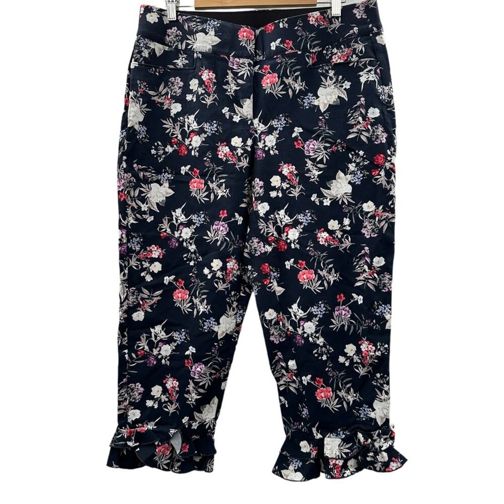 Lane Bryant The Allie Navy Blue Multicolor Floral Ruffle Cropped Pants Sz 14